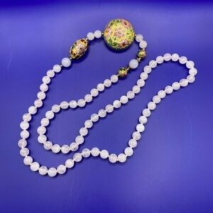 Vintage Snow-White Quartz & Cloisonne Beads Necklace Long